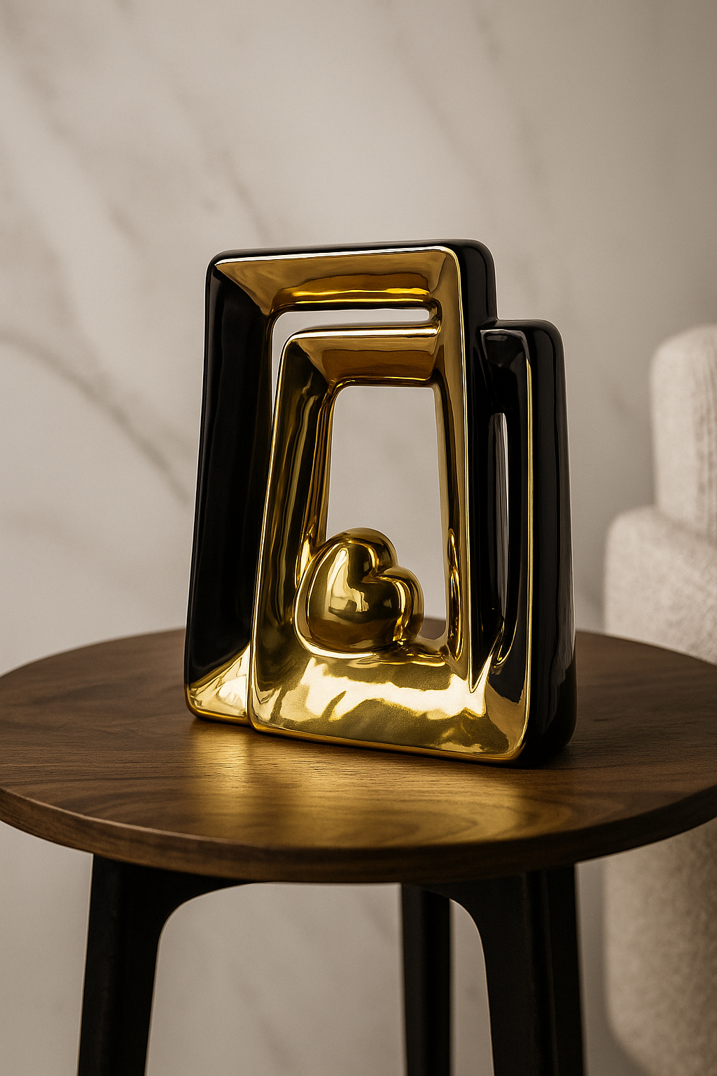 20250903_2347_Elegant20Product20Showcase_remix_01k48cmcccfv1awpn2wb88fr9m.png Black & Gold Geometric Heart Sculpture - Image 1