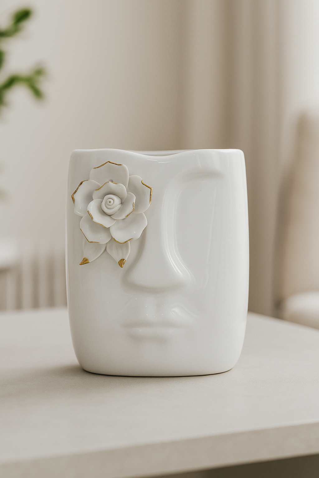 20250904_0037_Minimalist20Vase20Display_remix_01k48ffppfek68spn8pw5amy7x.png White Ceramic Face Vase with Flower Design - Image 1