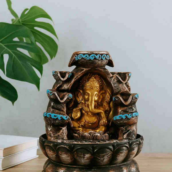 Golden Ganesha Water Fountain with Blue Accents