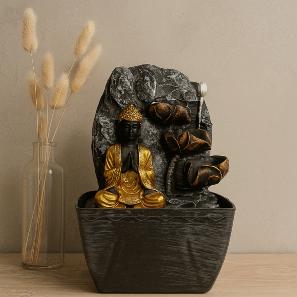 Meditating Buddha Water Fountain - Black & Gold