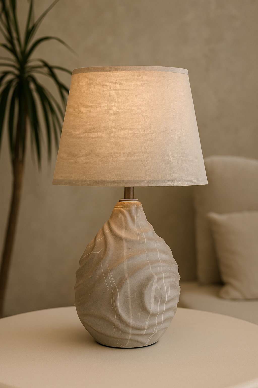 20250904_1443_Minimalist20Lamp20Display_remix_01k49zxastedp9fncwvkmkq5fh.png Textured Ceramic Lamp with Fabric Shade - Image 1