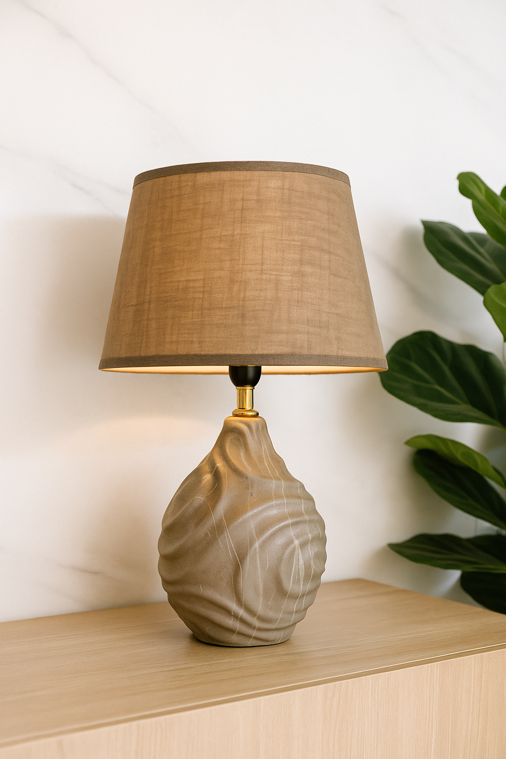 20250904_1443_Minimalistic20Lamp20Showcase_remix_01k49zx85vf9wb3zyfnt02ad5v.png Textured Ceramic Lamp with Linen Shade - Image 1