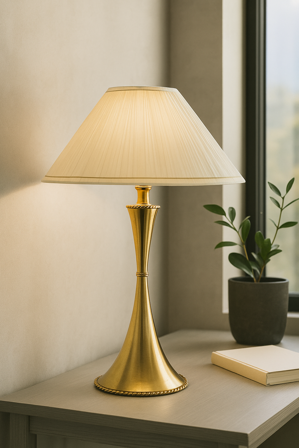 20250904_1456_Elegant20Brass20Lamp20Showcase_remix_01k4a0m9ytewtrbp6zcbfxhgq6.png Elegant Brass Table Lamp with Pleated Shade - Image 1