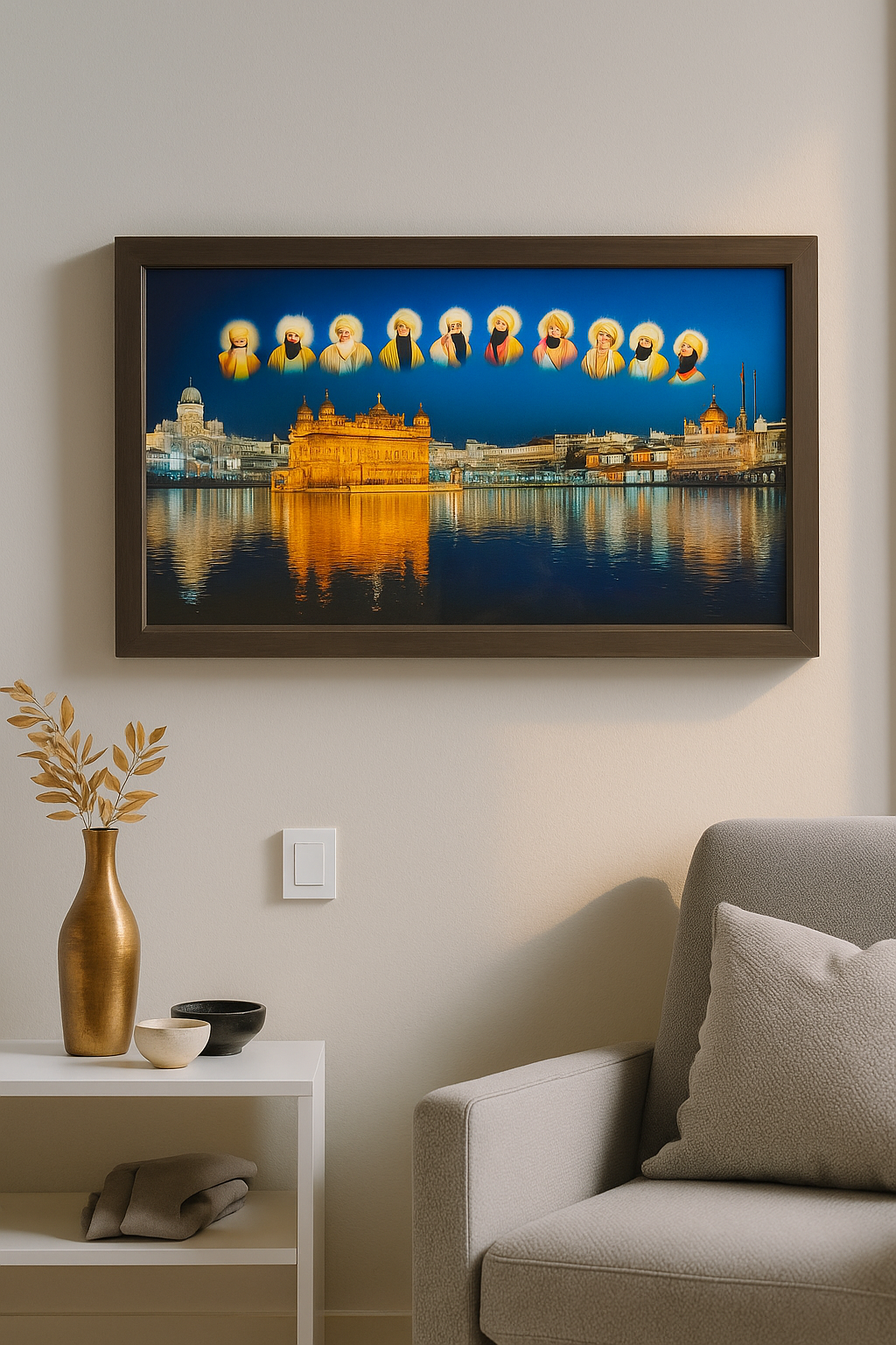 20250904_1501_Elegant20Product20Showcase_remix_01k4a0yea1fqqs4jgk45cba4cz.png Golden Temple Reflection Wall Painting - Image 1