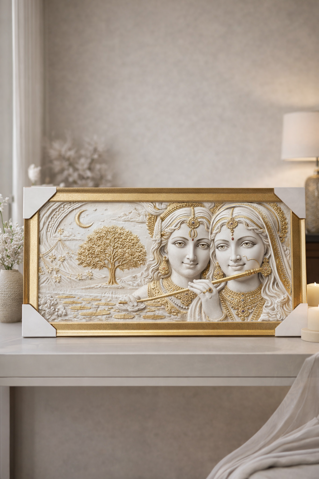 20260301_1521_Image Generation_remix_01kjmcxmryef4rmzyx6qcma7v0 Radha Krishna Marble Wall Frame - Image 1