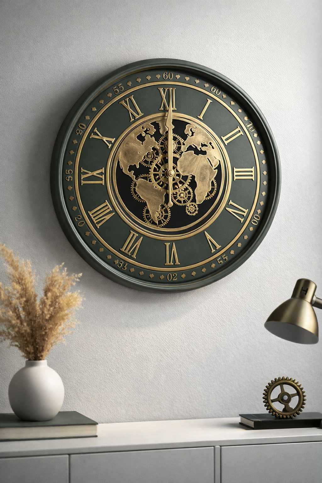 20260301_1532_Image Generation_remix_01kjmdhaq9enav6h64hetbsqvj World Map Gear Luxury Wall Clock - Image 1