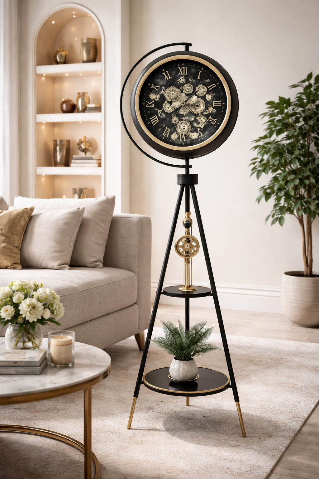 20260301_1535_Image Generation_remix_01kjmdr7j3ew3b32rm5prmfz66 Luxury Tripod Floor Clock - Image 1