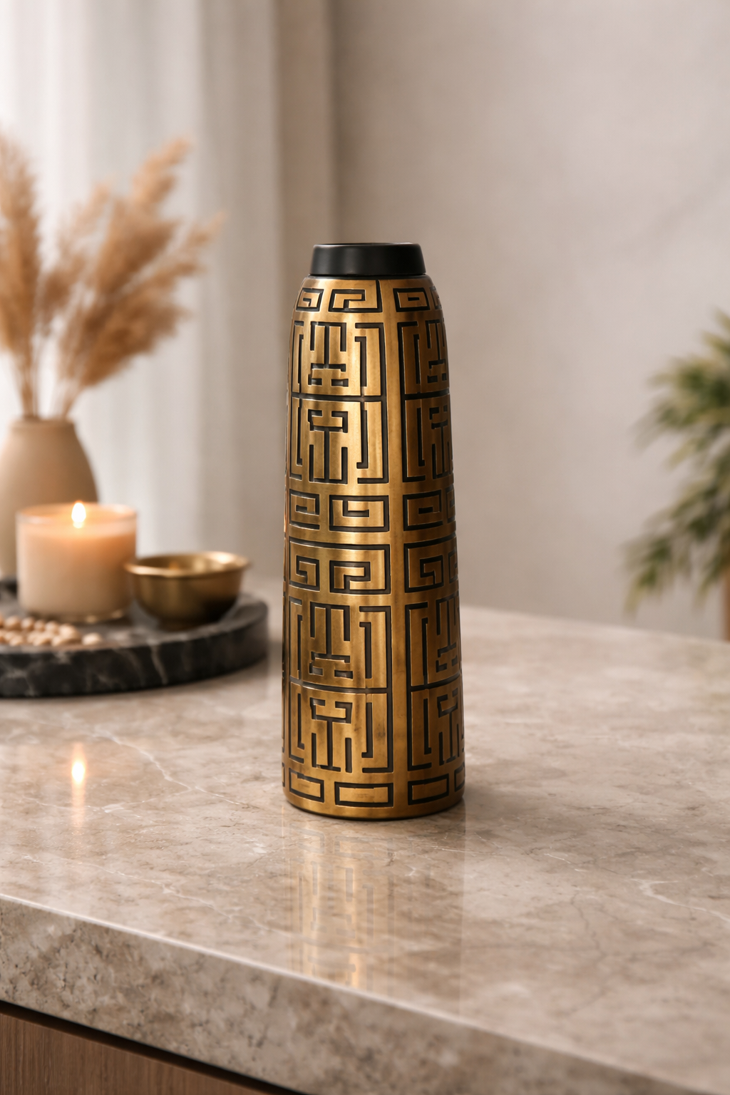 20260301_1539_Image Generation_remix_01kjmdzedhfdksf27kkd98e6y4 Luxury Brass Pattern Designer Bottle Vase - Image 1